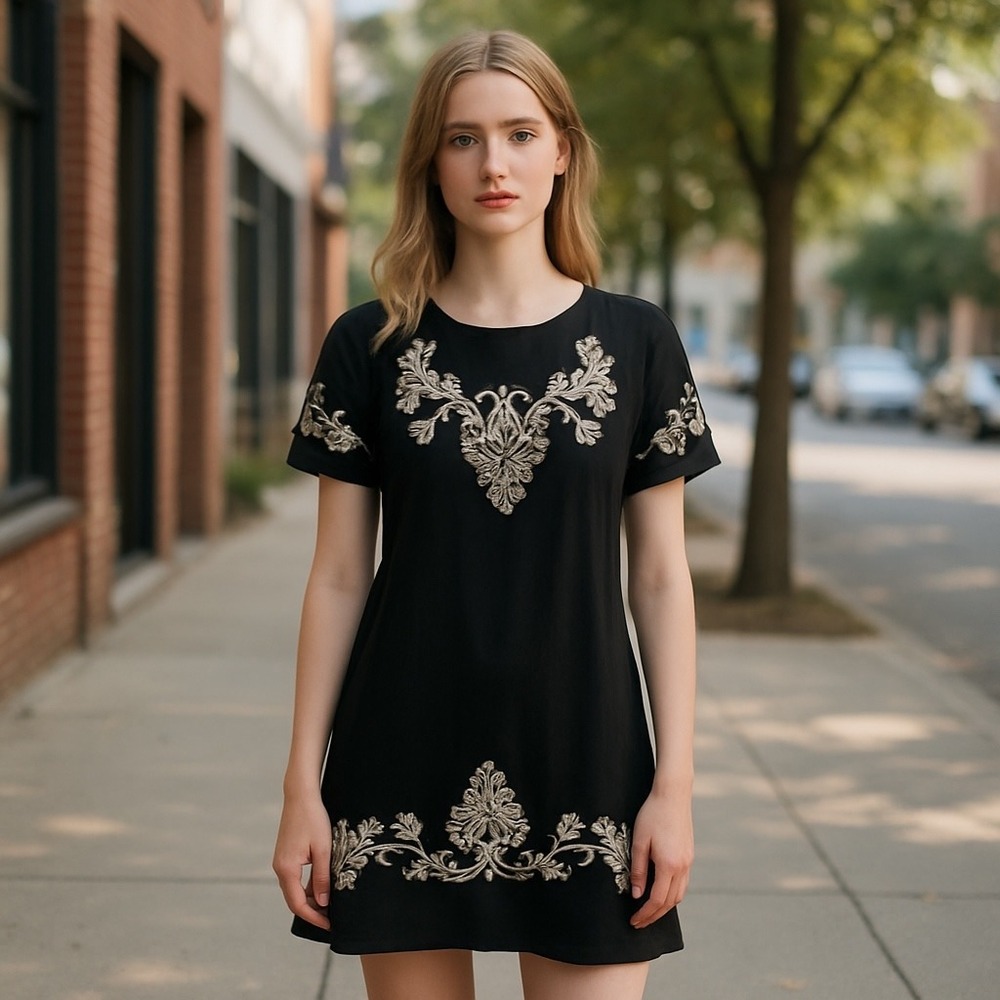 Lulus Embroidered Dress Short Sleeve Casual Party Black Dress Size S